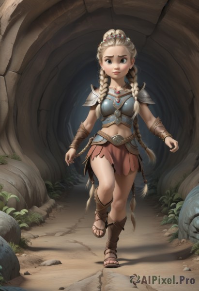 1girl,solo,long hair,breasts,looking at viewer,blue eyes,skirt,blonde hair,navel,jewelry,medium breasts,very long hair,closed mouth,standing,full body,braid,midriff,artist name,necklace,armor,twin braids,bracelet,lips,grey eyes,toes,brown footwear,thigh gap,sandals,standing on one leg,plant,shoulder armor,forehead,walking,toenails,pauldrons,running,breastplate,rock,nose,bracer,shoulder pads,hair ornament,thighs,torn clothes,facial mark,grass,facepaint,dirty,dirty feet