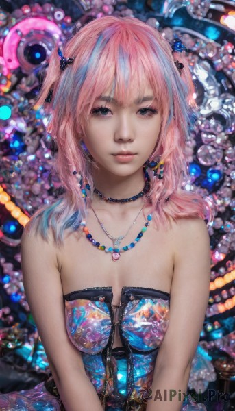 1girl,solo,long hair,breasts,looking at viewer,smile,bangs,blue eyes,hair ornament,dress,cleavage,bare shoulders,jewelry,medium breasts,closed mouth,blue hair,collarbone,upper body,pink hair,multicolored hair,earrings,medium hair,necklace,blurry,black eyes,two side up,lips,strapless,blue dress,gem,strapless dress,v arms,realistic,nose,pearl necklace,choker,gradient hair,makeup,corset