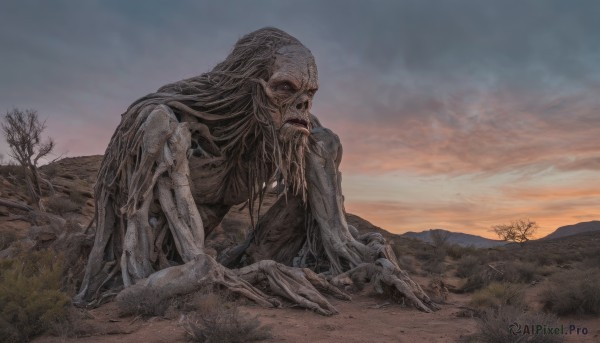 solo,1boy,sitting,outdoors,sky,cloud,tree,no humans,facial hair,grass,scenery,beard,skull,monster,skeleton,bare tree,horror (theme),cloudy sky,1other,sunset,old,old man,orange sky,wrinkled skin