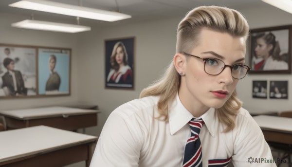 1girl,solo,long hair,looking at viewer,blue eyes,blonde hair,shirt,jewelry,closed mouth,school uniform,white shirt,upper body,earrings,necktie,glasses,striped,collared shirt,indoors,blurry,lips,chair,desk,freckles,black-framed eyewear,realistic,nose,classroom,stud earrings,striped necktie,office