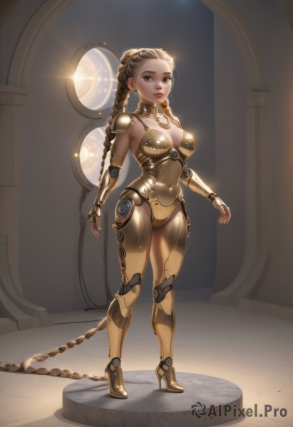 1girl,solo,long hair,breasts,looking at viewer,blonde hair,large breasts,brown hair,cleavage,brown eyes,jewelry,medium breasts,closed mouth,standing,full body,braid,earrings,boots,armor,high heels,twin braids,lips,bodysuit,covered navel,makeup,skin tight,high heel boots,science fiction,android,joints,cyborg,robot joints,mechanical tail,gold armor,navel,very long hair,swimsuit,bikini,parted lips,forehead,braided ponytail,realistic,nose,mechanical arms,bikini armor,gold,mechanical legs,gold bikini,gold choker,gold footwear