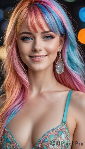 1girl,solo,long hair,breasts,looking at viewer,smile,bangs,blue eyes,large breasts,cleavage,jewelry,medium breasts,underwear,blue hair,collarbone,swimsuit,upper body,pink hair,bikini,multicolored hair,earrings,teeth,bra,grin,blurry,two-tone hair,lips,eyelashes,makeup,eyeshadow,realistic,nose,blue bra,bokeh,mascara,blonde hair,bare shoulders,parted lips,orange hair,streaked hair,gradient hair,lingerie,gem,breasts apart,rainbow hair,aqua bra