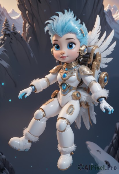 1girl,solo,smile,short hair,blue eyes,hair ornament,gloves,jewelry,blue hair,full body,boots,outdoors,wings,armor,tree,lips,fur trim,feathers,feathered wings,snow,science fiction,mountain,white wings,android,joints,cyborg,bare tree,robot joints,open hands,sky,artist name,bodysuit,white footwear,robot,doll joints