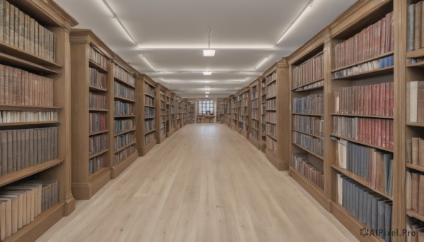 indoors,book,no humans,scenery,wooden floor,bookshelf,shelf,library,ceiling,ceiling light,window,sunlight,stairs,door,light,floor,hallway,reflective floor