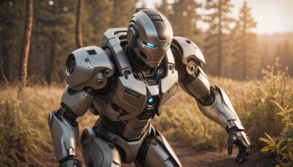 solo,blue eyes,1boy,outdoors,blurry,tree,no humans,blurry background,glowing,robot,nature,mecha,glowing eyes,forest,science fiction,open hand,looking ahead,humanoid robot,male focus,armor,lens flare,power armor