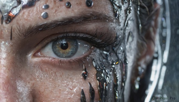 solo, looking at viewer, blurry, eyelashes, close-up, reflection, science fiction, rain, extra eyes, cyberpunk, eye focus