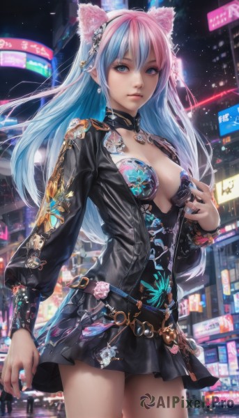 1girl,solo,long hair,breasts,looking at viewer,bangs,blue eyes,skirt,long sleeves,dress,animal ears,cleavage,jewelry,medium breasts,blue hair,standing,pink hair,multicolored hair,cowboy shot,hairband,earrings,outdoors,parted lips,belt,cat ears,black dress,two-tone hair,lips,night,fake animal ears,short dress,building,city,realistic,hair ornament,closed mouth,jacket,white hair,choker,pointy ears,streaked hair,black jacket,cityscape,cyberpunk