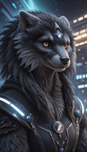 solo,looking at viewer,1boy,animal ears,brown eyes,jewelry,closed mouth,yellow eyes,upper body,male focus,outdoors,sky,artist name,signature,necklace,armor,blurry,orange eyes,no humans,night,blurry background,scar,building,gem,star (sky),night sky,furry,starry sky,colored sclera,furry male,leather,animal nose,wolf,snout,black fur,fluffy,grey fur,animal