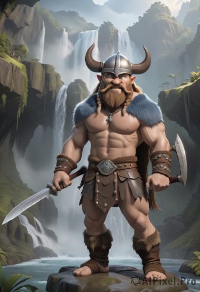 solo,long hair,looking at viewer,blue eyes,brown hair,1boy,navel,holding,jewelry,nipples,standing,full body,weapon,braid,male focus,thighs,boots,outdoors,horns,pointy ears,water,necklace,stomach,holding weapon,twin braids,fur trim,muscular,facial hair,thick thighs,abs,helmet,knife,pectorals,muscular male,bara,pelvic curtain,beard,large pectorals,dual wielding,topless male,mature male,mustache,holding knife,fake horns,axe,bare pectorals,loincloth,navel hair,waterfall,horned headwear,cliff,horned helmet,tooth necklace,blonde hair,cape,chest hair