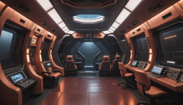 indoors,no humans,window,chair,scenery,reflection,science fiction,realistic,tiles,cable,space,tile floor,monitor,cockpit,seat,robot,mecha,machinery,spacecraft,spacesuit,lights,screen