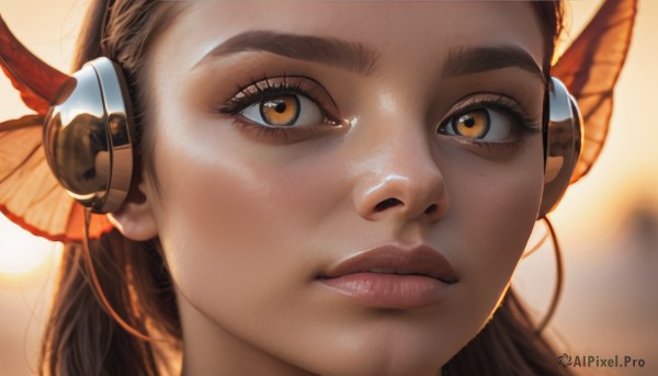 1girl,solo,long hair,looking at viewer,brown hair,hair ornament,brown eyes,closed mouth,parted lips,blurry,lips,eyelashes,depth of field,blurry background,headgear,headphones,portrait,close-up,forehead,realistic,nose,butterfly hair ornament,orange eyes,backlighting