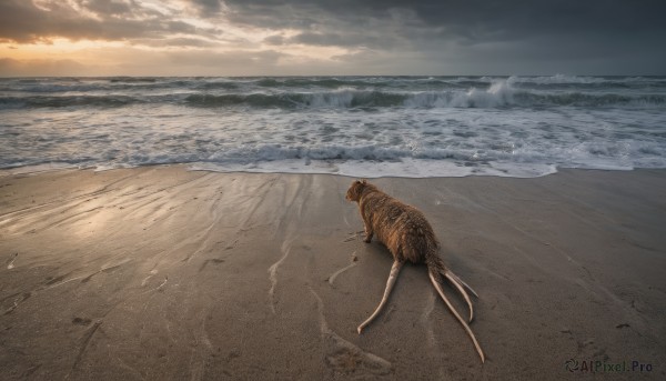 outdoors, sky, cloud, water, no humans, ocean, animal, beach, cloudy sky, scenery, sunset, realistic, sand, horizon, waves, shore