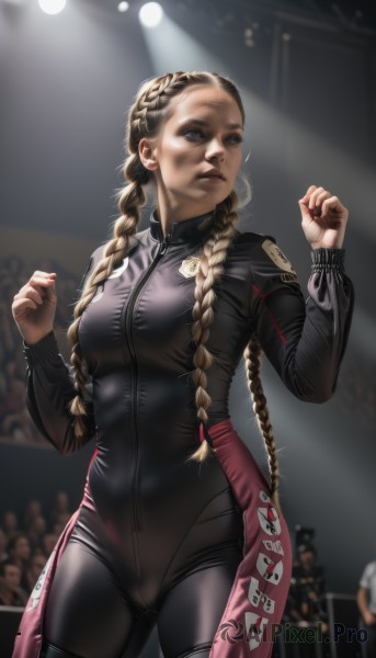 1girl,solo,long hair,breasts,blue eyes,blonde hair,brown hair,long sleeves,twintails,medium breasts,standing,braid,cowboy shot,parted lips,solo focus,nail polish,blurry,twin braids,lips,looking to the side,hands up,bodysuit,blurry background,skin tight,clenched hands,zipper,realistic,black bodysuit,latex,crowd,spotlight,stage lights,latex bodysuit,concert,very long hair,cameltoe,red nails