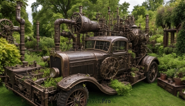 outdoors,sky,day,tree,no humans,window,grass,plant,ground vehicle,nature,scenery,motor vehicle,forest,ruins,vehicle focus,gears,overgrown,steampunk,sunlight,cannon,bush,moss,drum (container),tire