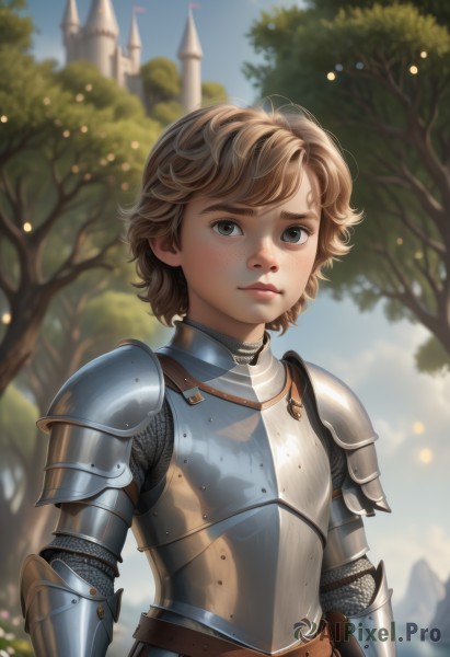 1girl,solo,looking at viewer,short hair,bangs,blonde hair,brown hair,brown eyes,closed mouth,upper body,outdoors,sky,day,belt,artist name,armor,blurry,tree,blue sky,lips,grey eyes,depth of field,blurry background,shoulder armor,gauntlets,androgynous,freckles,pauldrons,breastplate,nose,fantasy,castle,knight,chainmail,plate armor,1boy,realistic