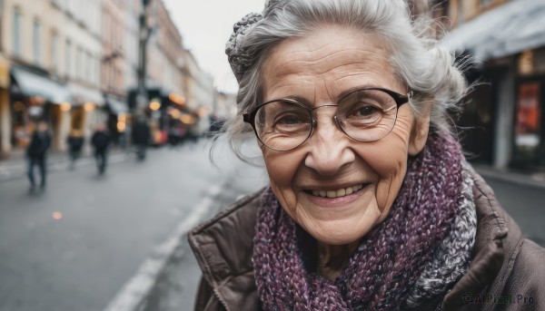 1girl,solo,looking at viewer,smile,1boy,upper body,white hair,grey hair,male focus,outdoors,glasses,teeth,scarf,grin,blurry,lips,coat,depth of field,blurry background,ground vehicle,realistic,old,old man,purple scarf,old woman,wrinkled skin,short hair,jacket,solo focus,day,building,portrait,motor vehicle,city,round eyewear,car,road,street,crowd