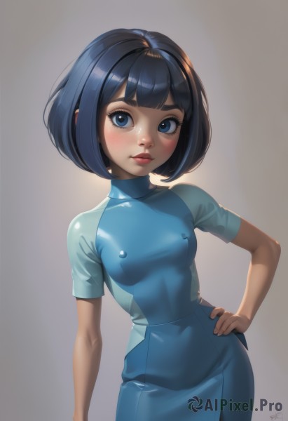 1girl,solo,breasts,looking at viewer,blush,short hair,bangs,blue eyes,skirt,simple background,shirt,black hair,dress,closed mouth,blue hair,standing,short sleeves,cowboy shot,small breasts,shiny,artist name,signature,blunt bangs,grey background,shiny hair,covered nipples,lips,blue skirt,gradient,hand on hip,gradient background,eyelashes,bodysuit,covered navel,makeup,blue dress,turtleneck,bob cut,blue shirt,skin tight,freckles,arm at side,shiny clothes,nose,smile,thick eyebrows,latex