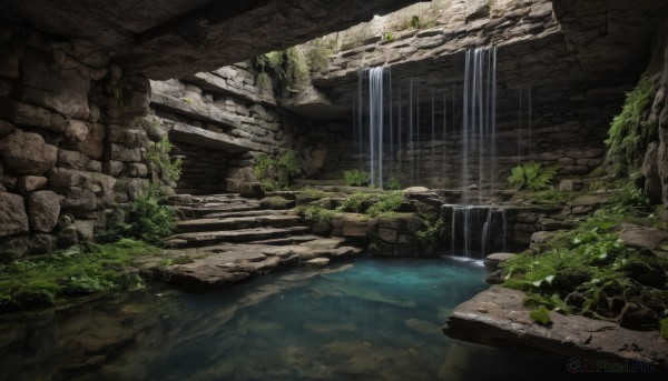 outdoors,day,water,tree,no humans,sunlight,grass,plant,nature,scenery,rock,ruins,river,waterfall,cliff,moss,overgrown,stream,stone