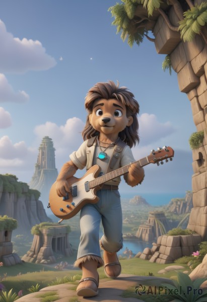 solo,long hair,looking at viewer,smile,bangs,brown hair,shirt,1boy,holding,animal ears,brown eyes,jewelry,closed mouth,standing,collarbone,tail,full body,white shirt,flower,short sleeves,male focus,outdoors,sky,shoes,barefoot,day,belt,pants,artist name,cloud,signature,water,necklace,black eyes,tree,blue sky,watermark,brown footwear,happy,standing on one leg,thick eyebrows,grass,blue shirt,plant,denim,building,instrument,child,dog ears,grey shirt,furry,pink flower,pendant,walking,animal hands,jeans,rock,mountain,furry female,music,blue pants,guitar,bush,furry male,male child,body fur,ruins,playing instrument,holding instrument,animal nose,snout,brown fur,moss,plectrum,animal feet,pawpads,acoustic guitar,1girl,short hair,medium hair,toes,sandals,nature,scenery,dog tail,two-tone fur,cliff,log