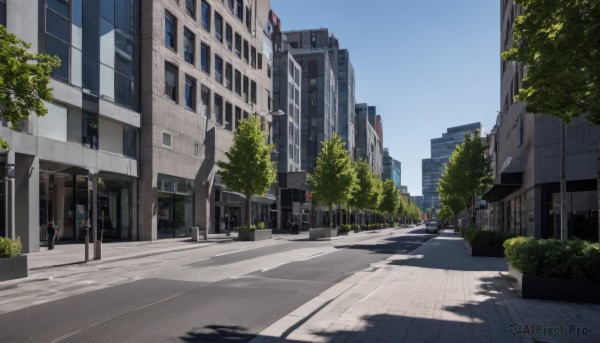 outdoors,sky,day,cloud,tree,blue sky,no humans,window,shadow,plant,ground vehicle,building,scenery,motor vehicle,city,sign,car,road,bush,cityscape,shade,lamppost,street,skyscraper,road sign,traffic light,crosswalk,real world location,sidewalk,yuuki juudai