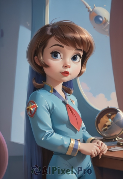 1girl,solo,long hair,breasts,looking at viewer,short hair,blue eyes,brown hair,shirt,long sleeves,standing,cowboy shot,small breasts,parted lips,necktie,sky,day,pants,cloud,indoors,medium hair,uniform,lips,window,makeup,swept bangs,own hands together,blue shirt,lipstick,red necktie,desk,headwear removed,freckles,aircraft,nose,red lips,jumpsuit,spacecraft,bangs,closed mouth,solo focus,blue sky,eyelashes,helmet,robot,emblem,blue pants