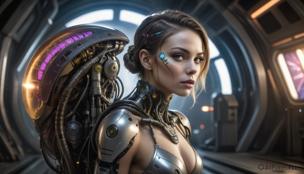 HQ,1girl,solo,breasts,looking at viewer,short hair,blue eyes,brown hair,black hair,hair ornament,cleavage,medium breasts,upper body,braid,hairclip,hair bun,lips,makeup,single hair bun,science fiction,realistic,nose,cable,cyborg,cyberpunk,indoors,blurry,from side,expressionless,eyeshadow,machinery,eyeliner,mechanical parts,earpiece