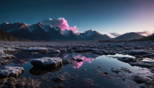 outdoors,sky,cloud,water,tree,blue sky,no humans,night,cloudy sky,star (sky),nature,night sky,scenery,snow,forest,starry sky,reflection,sunset,rock,mountain,horizon,river,landscape,mountainous horizon,lake,gradient sky,signature,sunrise,reflective water