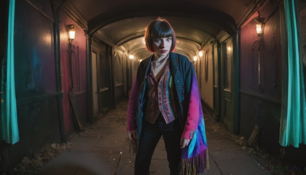 1girl,solo,looking at viewer,short hair,bangs,shirt,black hair,long sleeves,holding,brown eyes,jewelry,closed mouth,standing,jacket,weapon,open clothes,collared shirt,pants,indoors,blunt bangs,scarf,holding weapon,black eyes,vest,open jacket,lips,coat,gun,looking to the side,window,makeup,night,looking away,black pants,bob cut,lipstick,curtains,blue jacket,holding gun,handgun,arm at side,pink shirt,door,jacket on shoulders,red lips,light,lamp,fringe trim,lamppost,blue coat,hallway,white shirt,buttons,formal,suit,lantern,alley