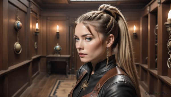 1girl,solo,long hair,looking at viewer,blue eyes,blonde hair,brown hair,jewelry,closed mouth,upper body,ponytail,earrings,indoors,necklace,blurry,vest,lips,grey eyes,high ponytail,wooden floor,realistic,nose,candle,leather,blurry background,portrait,stairs,hyur,chandelier