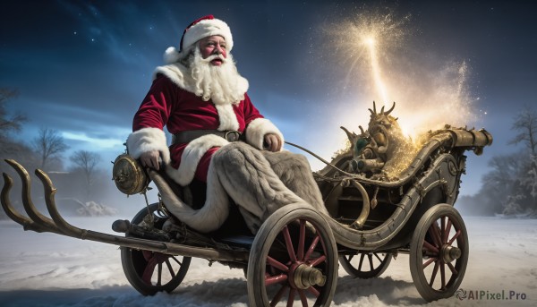 HQ,solo,1boy,hat,sitting,male focus,outdoors,sky,tree,fur trim,night,facial hair,ground vehicle,star (sky),night sky,christmas,motor vehicle,beard,snow,santa hat,starry sky,santa costume,realistic,mustache,riding,antlers,old,christmas tree,old man,wheelchair,reindeer,pine tree,open mouth,gloves,long sleeves,jacket,full body,belt,pants,signature,red headwear,red jacket,snowing,fur-trimmed headwear,reindeer antlers,screaming,reins