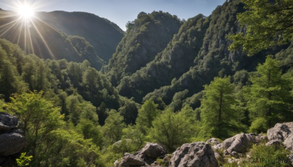 outdoors,sky,day,cloud,tree,no humans,sunlight,grass,nature,scenery,forest,light rays,rock,mountain,sun,landscape,signature,blue sky,moss