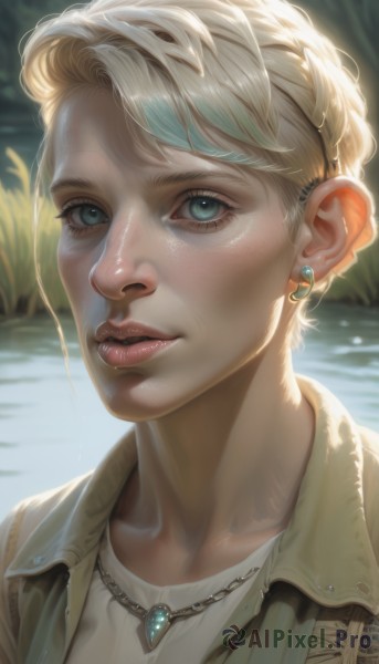 1girl,solo,looking at viewer,short hair,blue eyes,blonde hair,shirt,jewelry,jacket,white shirt,braid,earrings,parted lips,water,necklace,blurry,aqua eyes,lips,eyelashes,portrait,close-up,pendant,freckles,realistic,nose,emblem,paradis military uniform,green eyes,outdoors,artist name,blurry background,brown jacket,stud earrings,very short hair,lake,mascara