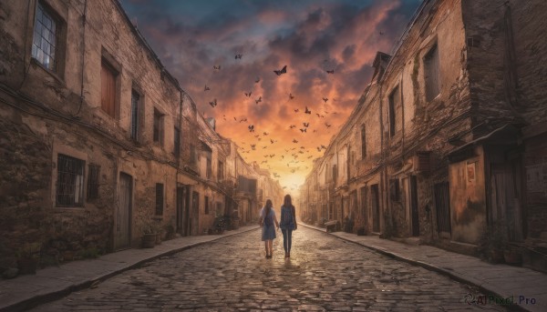 long hair, multiple girls, skirt, brown hair, 2girls, pantyhose, outdoors, sky, cloud, bag, window, bird, cloudy sky, building, scenery, walking, sunset, road, street, vanishing point