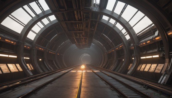 indoors,no humans,window,sunlight,scenery,science fiction,light rays,stairs,light,bridge,lamppost,train station,railroad tracks,vanishing point,solo,standing,dutch angle,1other,clock,wide shot,spacecraft,ceiling light,very wide shot