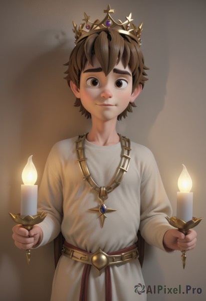 solo,looking at viewer,smile,short hair,brown hair,long sleeves,1boy,holding,brown eyes,jewelry,closed mouth,male focus,belt,necklace,shadow,thick eyebrows,crown,child,robe,candle,male child,flame,tunic,blush,simple background,upper body,fire