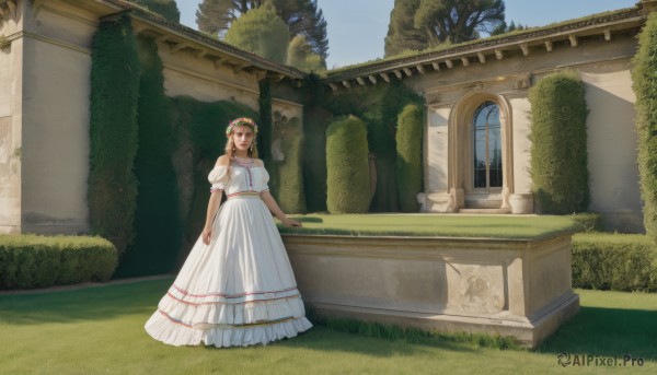 1girl,solo,long hair,breasts,looking at viewer,smile,bangs,blonde hair,brown hair,hair ornament,dress,green eyes,standing,flower,short sleeves,outdoors,day,puffy sleeves,hair flower,white dress,tree,puffy short sleeves,window,grass,plant,building,scenery,long dress,head wreath,ruins,wide shot,arch,brown eyes,sky,blue sky,bush,pillar,moss,overgrown