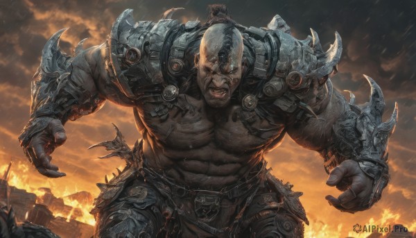 solo,looking at viewer,open mouth,gloves,1boy,navel,weapon,male focus,outdoors,horns,sky,teeth,belt,cloud,armor,tattoo,muscular,facial hair,scar,abs,dark-skinned male,cloudy sky,fire,pectorals,muscular male,shoulder armor,gauntlets,scar on face,spikes,rain,veins,pauldrons,topless male,scar across eye,bald,manly,black hair,dark skin,glowing,glowing eyes,beard,skull,mustache