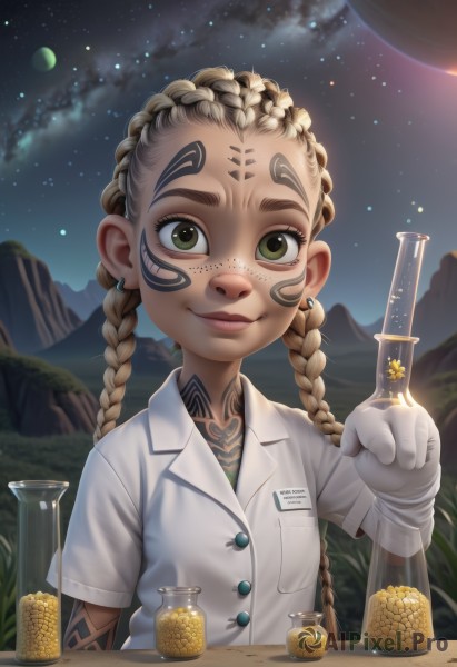 1girl,solo,long hair,looking at viewer,smile,blonde hair,shirt,gloves,holding,jewelry,closed mouth,green eyes,white shirt,upper body,braid,short sleeves,earrings,outdoors,sky,collared shirt,artist name,white gloves,twin braids,dark-skinned female,lips,tattoo,night,facial mark,thick eyebrows,star (sky),night sky,forehead,starry sky,freckles,pocket,mountain,nose,breast pocket,multiple braids,realistic,labcoat,coin,gold,flask