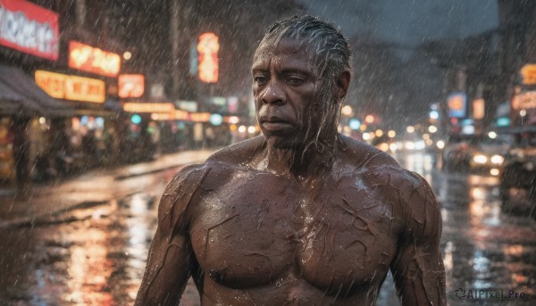 solo,short hair,1boy,closed mouth,upper body,male focus,outdoors,dark skin,blurry,black eyes,wet,muscular,night,blurry background,facial hair,dark-skinned male,pectorals,muscular male,building,science fiction,rain,veins,city,realistic,wet hair,cyborg,cyberpunk,neon lights,looking at viewer,grey hair,nude,sky,tattoo,depth of field,scar,motor vehicle,scar on face,topless male,car,old,old man