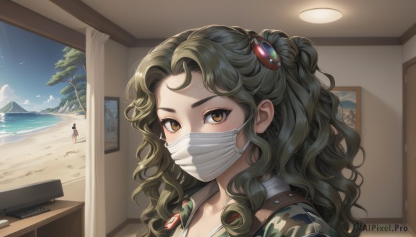 1girl,solo,long hair,looking at viewer,multiple girls,brown hair,black hair,hair ornament,brown eyes,jacket,upper body,ponytail,outdoors,green hair,sky,solo focus,day,cloud,indoors,water,tree,military,military uniform,mask,bird,ocean,wavy hair,beach,portrait,curly hair,sand,mouth mask,palm tree,camouflage,surgical mask,camouflage jacket,bangs,shirt,collarbone,parted bangs,window,poster (object),hawaiian shirt