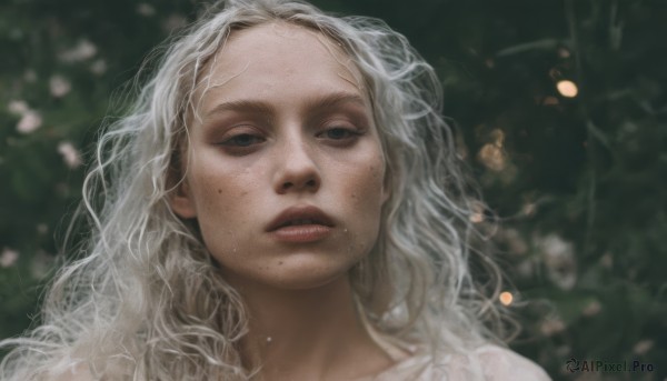 1girl,solo,long hair,looking at viewer,white hair,parted lips,teeth,mole,blurry,black eyes,lips,depth of field,blurry background,wavy hair,portrait,freckles,realistic,mole on cheek,grey eyes,mole under mouth