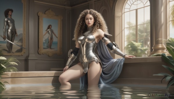 1girl,solo,long hair,breasts,looking at viewer,multiple girls,brown hair,black hair,holding,bare shoulders,brown eyes,medium breasts,sitting,weapon,sword,indoors,water,cape,holding weapon,armor,lips,window,bodysuit,holding sword,plant,wading,reflection,curly hair,breastplate,vambraces,bracer,bikini armor,soaking feet,pillar,picture frame,gorget,1boy,standing,thighs,tree,pelvic curtain,armlet,realistic,facepaint,statue