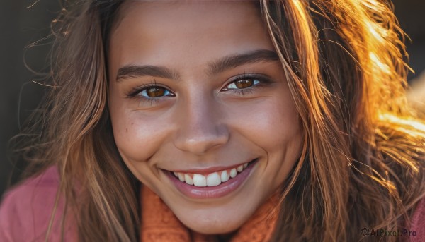 1girl,solo,long hair,looking at viewer,smile,brown hair,brown eyes,teeth,grin,lips,black background,portrait,close-up,forehead,freckles,realistic,nose,open mouth,blurry,eyelashes,messy hair