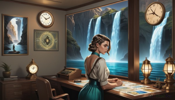 1girl,solo,breasts,short hair,skirt,brown hair,shirt,black hair,dress,brown eyes,white shirt,braid,short sleeves,choker,day,indoors,water,hair bun,from behind,lips,blue skirt,book,window,profile,back,chair,table,plant,green skirt,scenery,french braid,desk,reflection,paper,backless outfit,nose,clock,bookshelf,potted plant,lamp,photo (object),picture frame,waterfall,painting (object),roman numeral,picture (object),wall clock,looking at viewer,sitting,puffy sleeves,looking back,puffy short sleeves,ocean,mouth hold,lantern,map