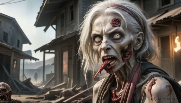 HQ,1girl,solo,looking at viewer,short hair,open mouth,yellow eyes,upper body,white hair,hairband,outdoors,teeth,solo focus,day,tongue,tongue out,mole,saliva,blood,sharp teeth,building,skull,monster,injury,blood on face,realistic,house,long tongue,horror (theme),guro,corpse,sky,artist name,sailor collar,pale skin,zombie