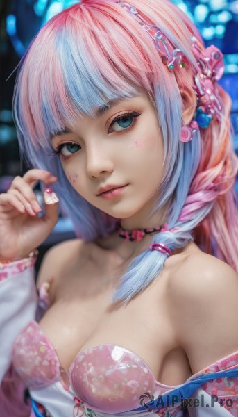 1girl,solo,long hair,breasts,looking at viewer,bangs,blue eyes,hair ornament,long sleeves,holding,cleavage,bare shoulders,jewelry,medium breasts,closed mouth,underwear,blue hair,collarbone,upper body,pink hair,braid,multicolored hair,hairband,earrings,parted lips,choker,hand up,blunt bangs,off shoulder,nail polish,bra,blurry,two-tone hair,aqua eyes,lips,fingernails,eyelashes,strapless,gradient hair,makeup,depth of field,blurry background,facial mark,floral print,gem,pink nails,pink lips,realistic,pink bra,nose,mascara,hair beads,sidelocks,small breasts,artist name,eyeshadow,long fingernails,strapless bra,nail art