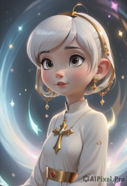 1girl,solo,breasts,blush,smile,short hair,bangs,long sleeves,dress,brown eyes,jewelry,white shirt,upper body,ahoge,white hair,hairband,earrings,small breasts,parted lips,teeth,artist name,necklace,star (symbol),white dress,lips,eyelashes,sparkle,swept bangs,cross,child,freckles,red lips,looking at viewer,hair ornament,watermark,thick eyebrows,web address,nose