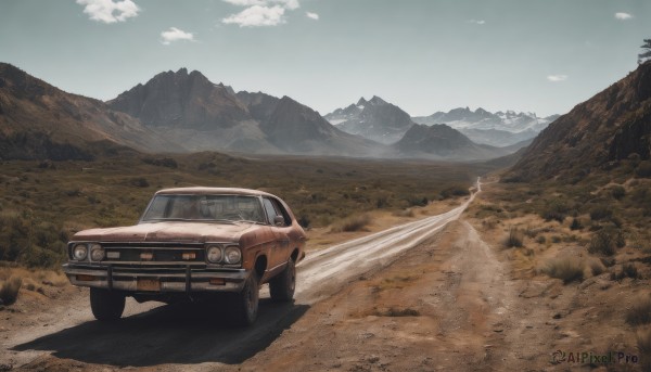 outdoors,sky,day,cloud,tree,blue sky,no humans,shadow,ground vehicle,nature,scenery,motor vehicle,mountain,car,road,vehicle focus,mountainous horizon,desert,dust,truck,cloudy sky,landscape