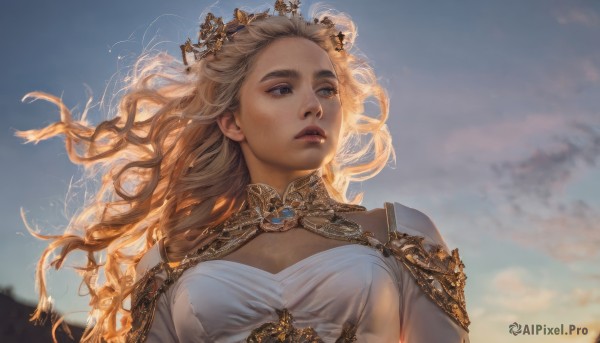 1girl,solo,long hair,breasts,blue eyes,blonde hair,dress,brown eyes,jewelry,medium breasts,upper body,outdoors,parted lips,sky,day,cloud,white dress,blurry,blue sky,lips,looking to the side,floating hair,wavy hair,looking away,crown,looking up,wind,gem,curly hair,gold trim,realistic,nose,looking afar,small breasts,sunlight,shoulder armor,backlighting