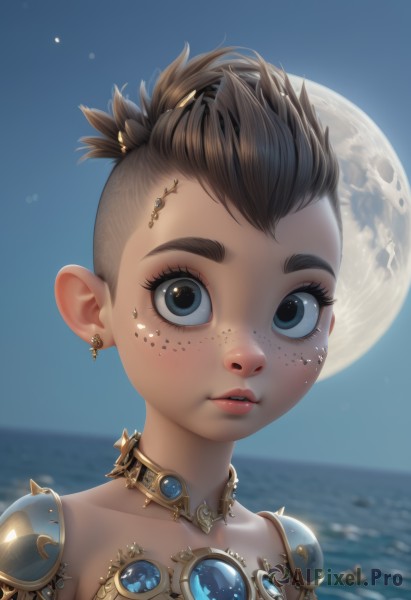 1girl,solo,looking at viewer,short hair,blue eyes,brown hair,hair ornament,jewelry,collarbone,upper body,earrings,outdoors,parted lips,sky,choker,artist name,dark skin,water,necklace,armor,blurry,black eyes,dark-skinned female,lips,eyelashes,night,blurry background,ocean,moon,portrait,night sky,close-up,full moon,freckles,black hair,pointy ears,collar,piercing,thick eyebrows,shoulder armor,gem,ear piercing,backlighting,pauldrons,nose,undercut,mohawk,gorget,eyebrow piercing